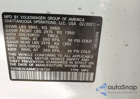 2021 Volkswagen Atlas Cross Sport 3.6L V6 Se W/Technology R-Line z USA, uszkodzony, nr VIN 1V2NE2CA8MC215720